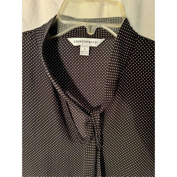 Counterparts Black White Polka Dot Blouse Top W Short Flutter Sleeve &Tie Size M - Picture 4 of 6